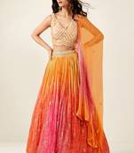 ORANGE PINK BANDHANI PRINT SEQUINCE EMBROIDERY ORGANZA LEHENGA CHOLI