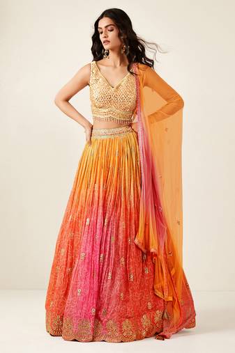 Orange Pink Bandhani Print Organza Lehenga Choli with Sequin Embroidery