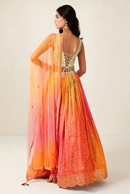 ORANGE PINK BANDHANI PRINT SEQUINCE EMBROIDERY ORGANZA LEHENGA CHOLI 2