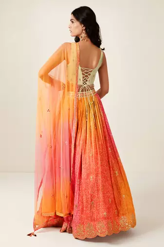 ORANGE PINK BANDHANI PRINT SEQUINCE EMBROIDERY ORGANZA LEHENGA CHOLI