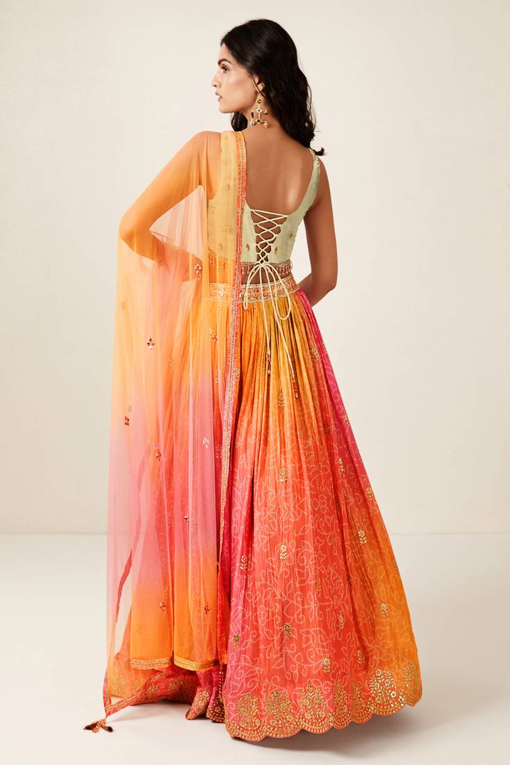 ORANGE PINK BANDHANI PRINT SEQUINCE EMBROIDERY ORGANZA LEHENGA CHOLI