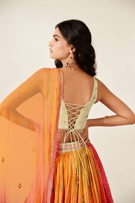 ORANGE PINK BANDHANI PRINT SEQUINCE EMBROIDERY ORGANZA LEHENGA CHOLI 3