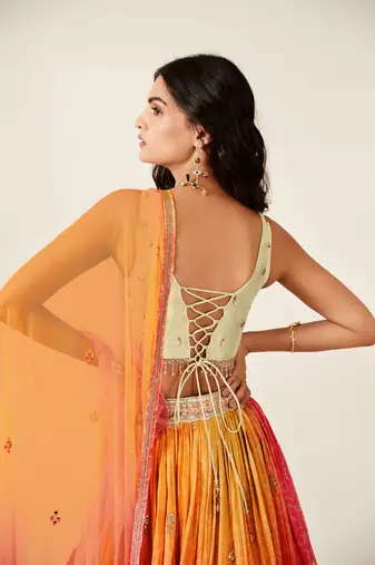ORANGE PINK BANDHANI PRINT SEQUINCE EMBROIDERY ORGANZA LEHENGA CHOLI