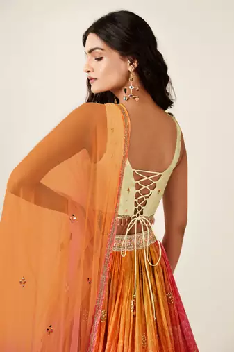 ORANGE PINK BANDHANI PRINT SEQUINCE EMBROIDERY ORGANZA LEHENGA CHOLI