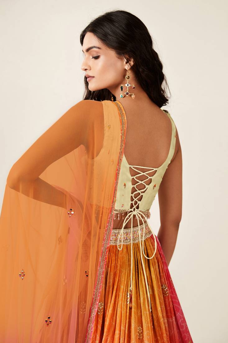 ORANGE PINK BANDHANI PRINT SEQUINCE EMBROIDERY ORGANZA LEHENGA CHOLI
