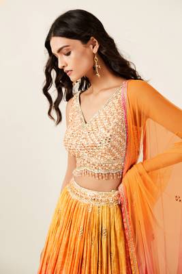 ORANGE PINK BANDHANI PRINT SEQUINCE EMBROIDERY ORGANZA LEHENGA CHOLI 5