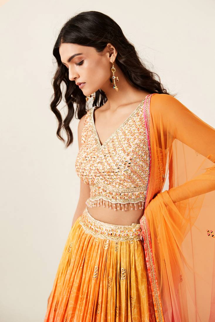 ORANGE PINK BANDHANI PRINT SEQUINCE EMBROIDERY ORGANZA LEHENGA CHOLI