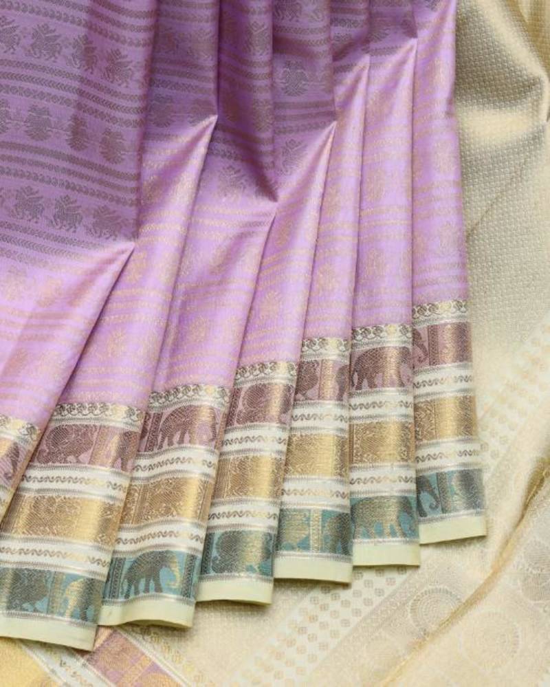Lavender and cream pure zari silk saree with silk mark certified