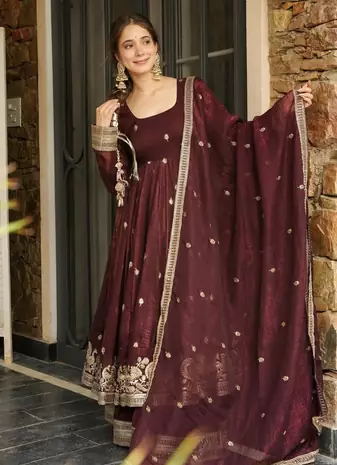 Heavy Embroidery Work Gown Suit Set Stylish Wedding Wear Gown Suit Set With Dupatta