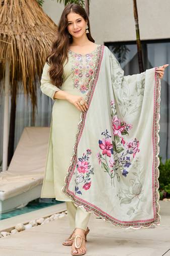 Women Pista Colour Multi sequin Embroidered Kurta Pant Dupatta Set
