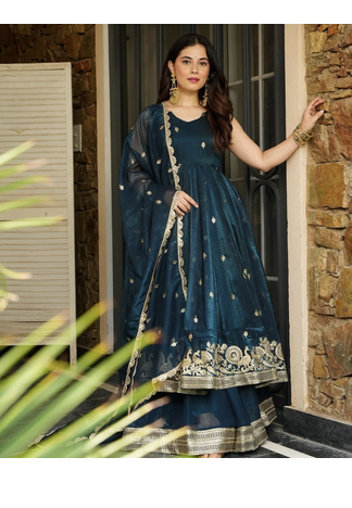 Teal Silk Embroidered Suit Set With Dupatta 1