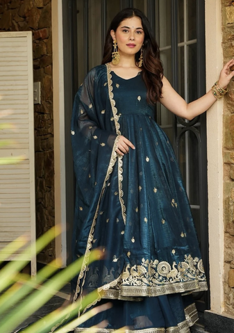 Teal Silk Embroidered Suit Set With Dupatta