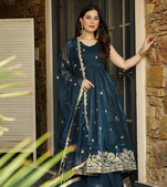 Teal Silk Embroidered Suit Set With Dupatta