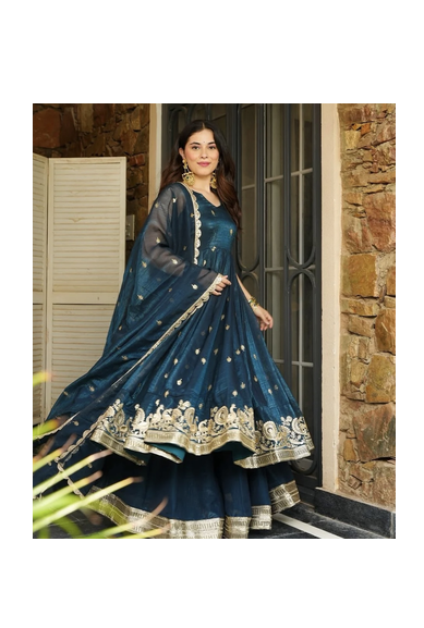 Teal Silk Embroidered Suit Set With Dupatta 2