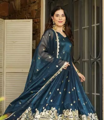 Teal Silk Embroidered Suit Set With Dupatta