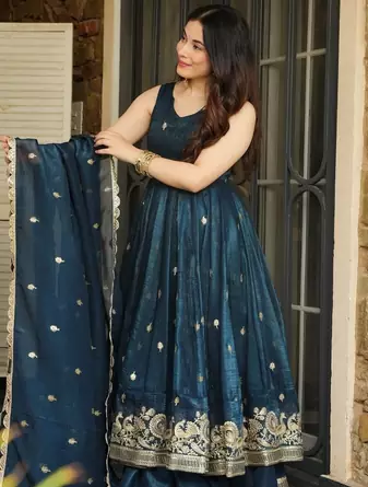 Teal Silk Embroidered Suit Set With Dupatta