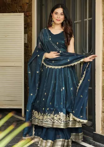Teal Silk Embroidered Suit Set With Dupatta