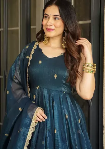 Teal Silk Embroidered Suit Set With Dupatta