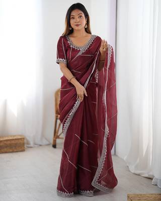 Tissue silk maroon saree with tissue silk blouse 1