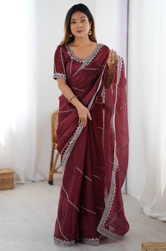 Tissue silk maroon saree with tissue silk blouse