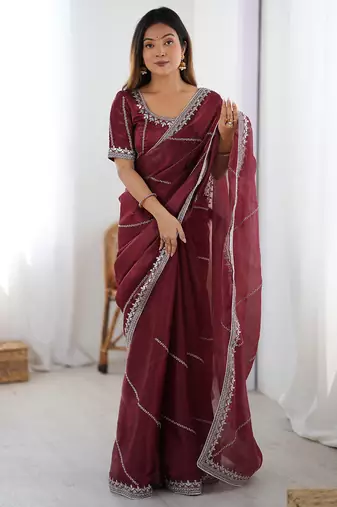 Tissue silk maroon saree with tissue silk blouse