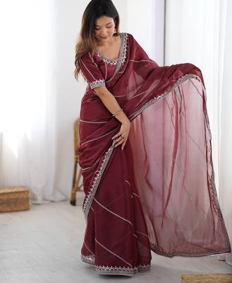 Tissue silk maroon saree with tissue silk blouse 2