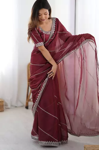 Tissue silk maroon saree with tissue silk blouse