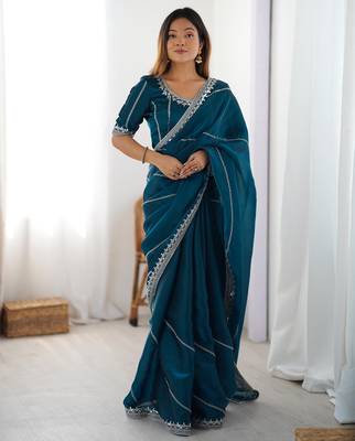 Tissue silk blue saree with tissue silk blouse 1