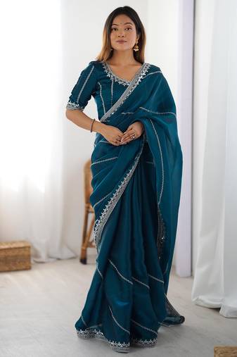 Tissue silk blue saree with tissue silk blouse
