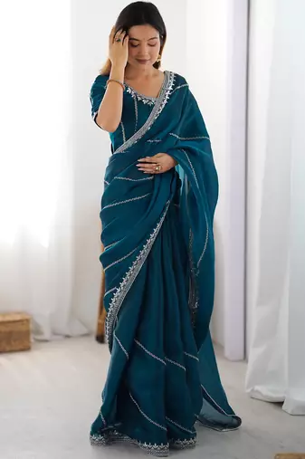 Tissue silk blue saree with tissue silk blouse
