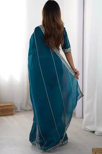 Tissue silk blue saree with tissue silk blouse