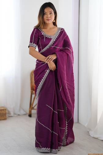 Tissue silk purple saree with tissue silk blouse