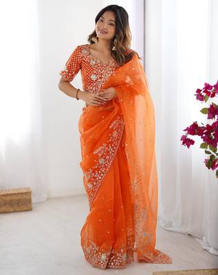 Organza orange saree with organza blouse 1