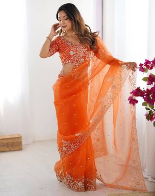 Organza orange saree with organza blouse 2