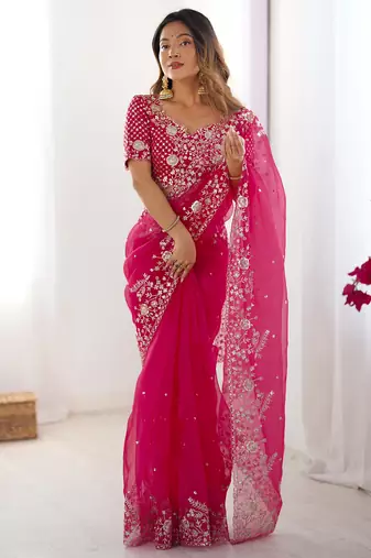 Organza pink saree with organza blouse
