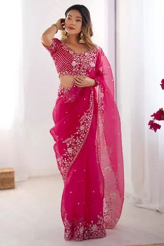 Organza pink saree with organza blouse