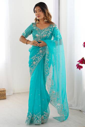 Organza turquoise blue saree with organza blouse