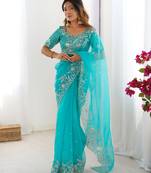 Organza turquoise blue saree with organza blouse