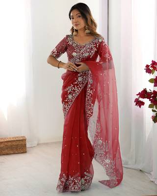 Organza red saree with organza blouse 1