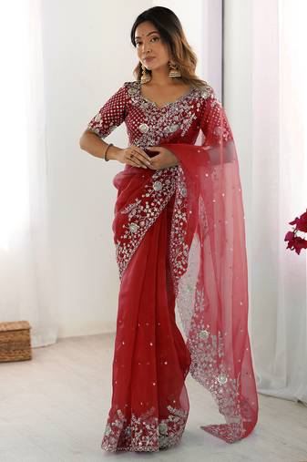 Organza red saree with organza blouse