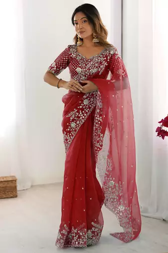 Organza red saree with organza blouse