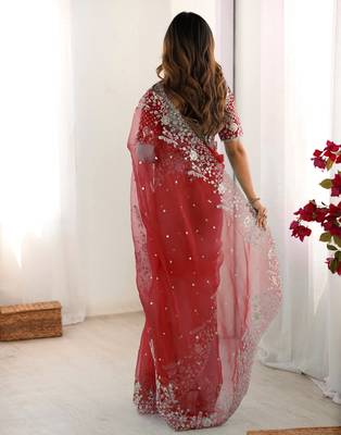 Organza red saree with organza blouse 2