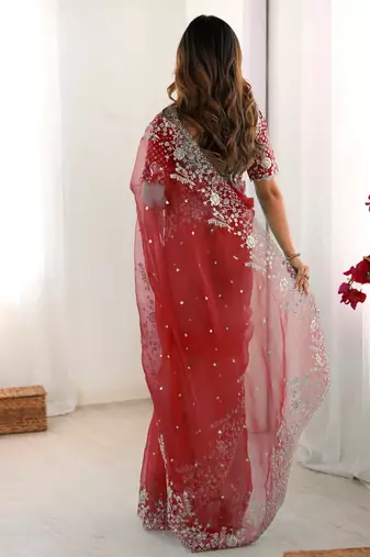 Organza red saree with organza blouse