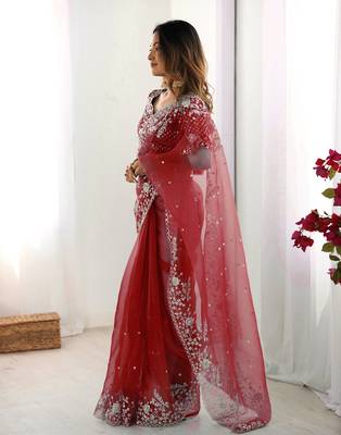 Organza red saree with organza blouse 4
