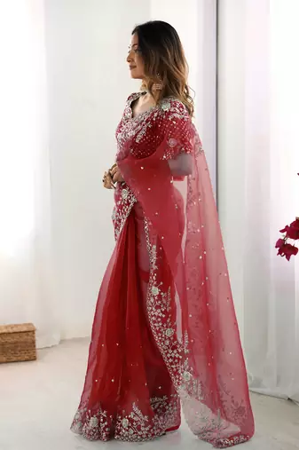 Organza red saree with organza blouse