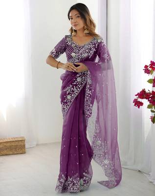 Organza purple saree with organza blouse 1
