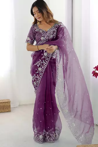 Organza purple saree with organza blouse