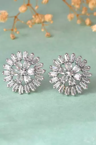 Silver-toned circular cluster cz stud earrings