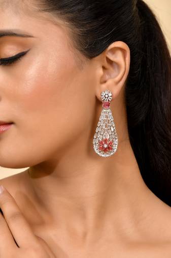 Silver-plated red stone drop earrings with american diamond