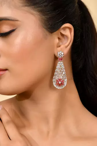 Silver-plated red stone drop earrings with american diamond